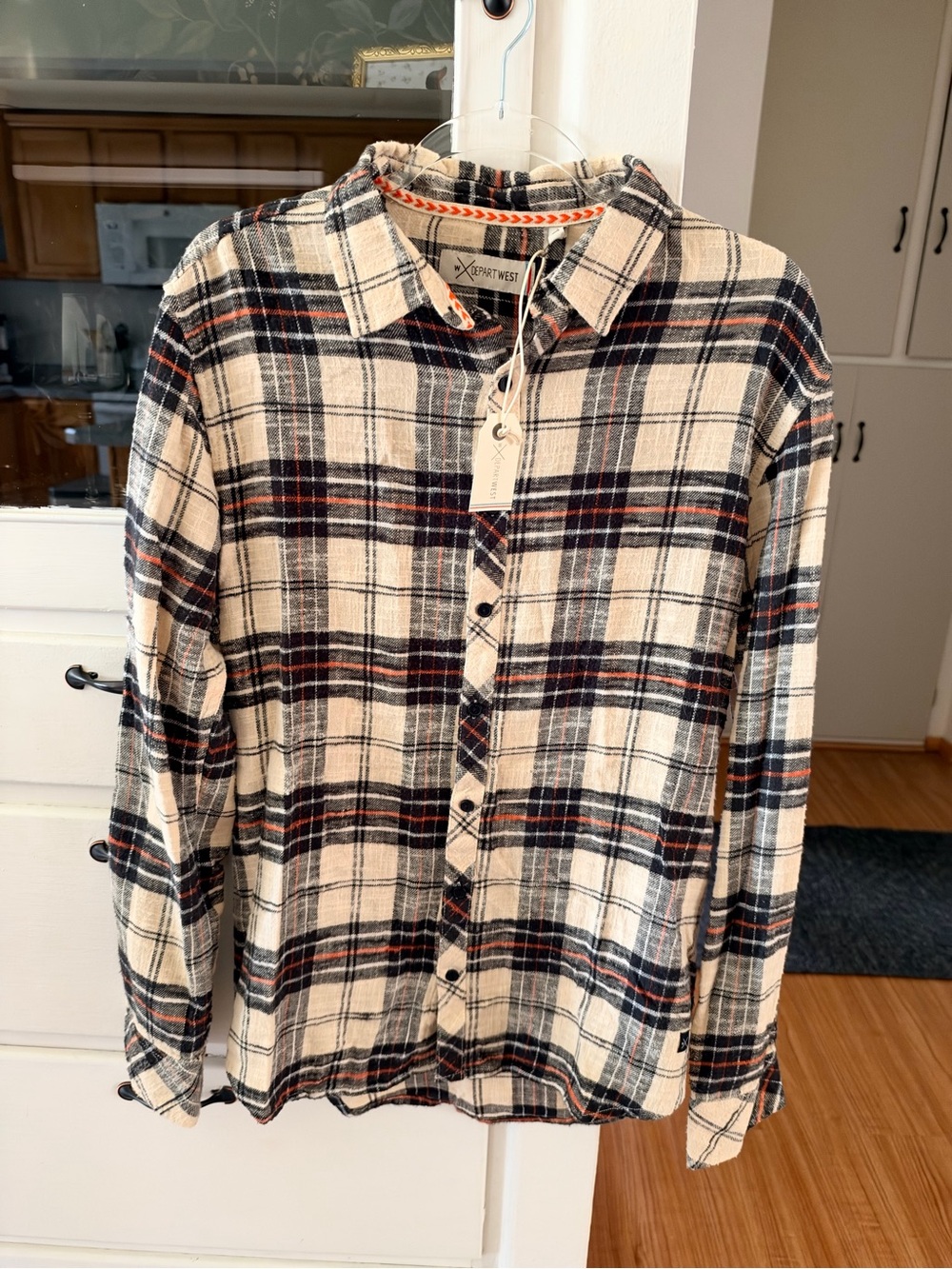 Depart West Men's Ivory/Black/Orange Plaid Button-Down Shirt